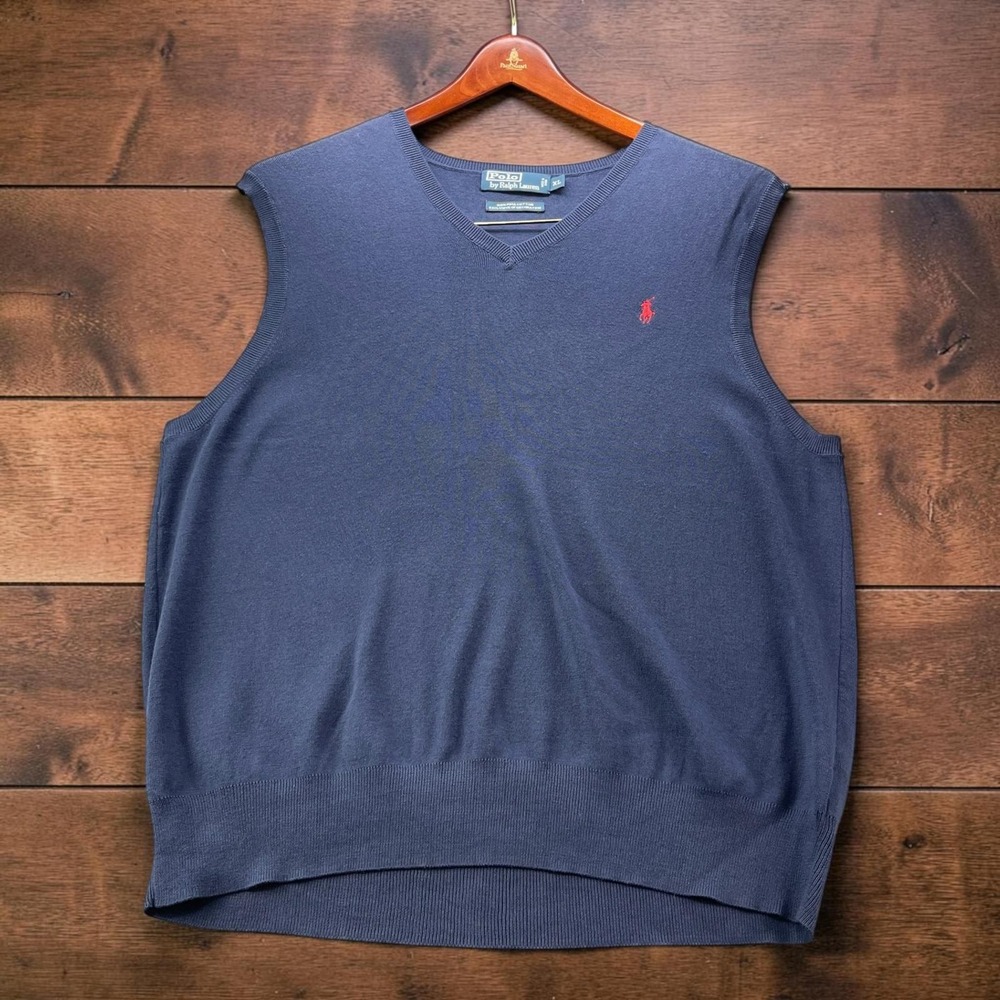 Polo Ralph Lauren Mens Pima Cotton V-Neck Sweater Vest Navy Size XL Red Pony